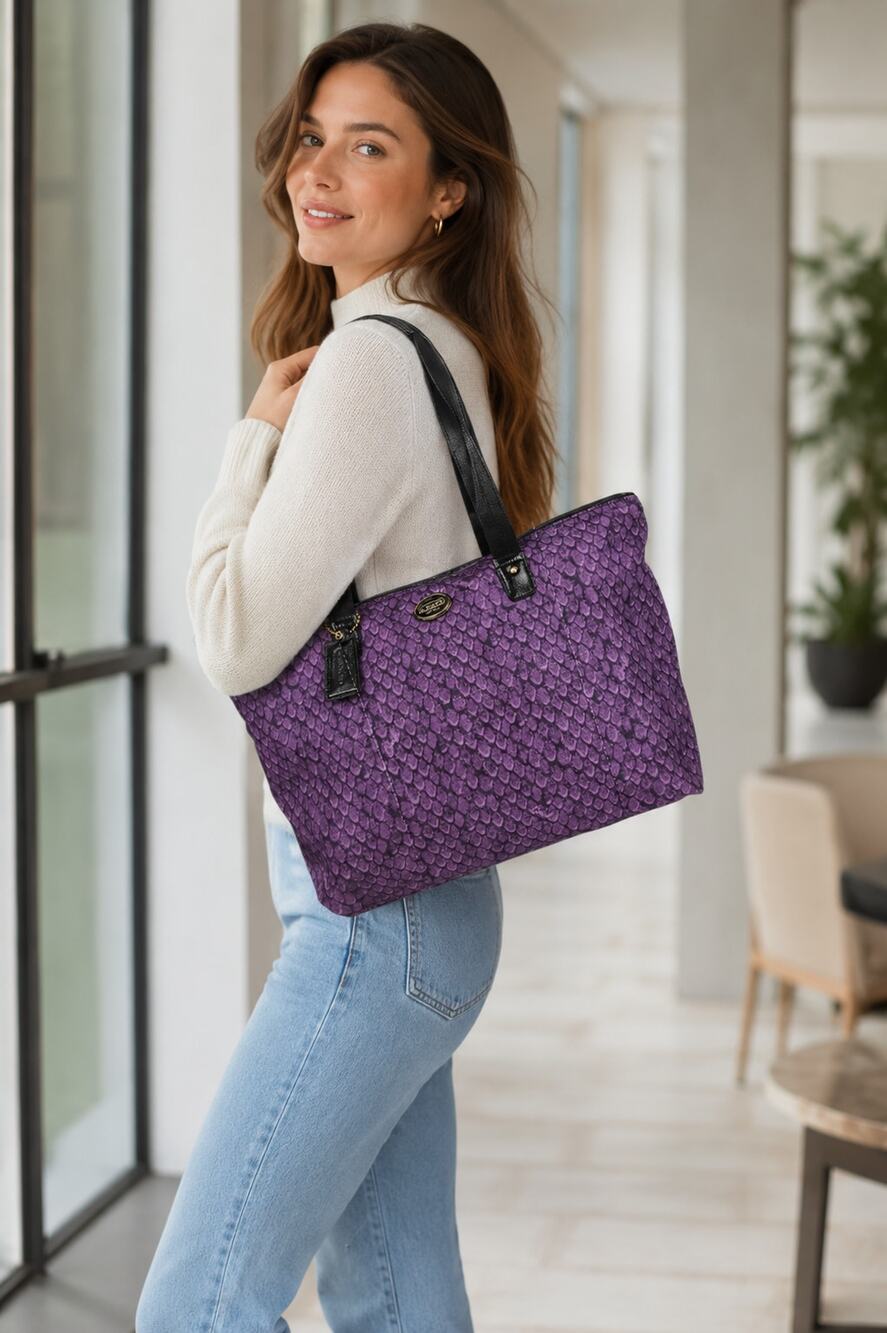 Coach Getaway Packable Weekender Travel Bag-Zip Pouch Purple/Black Snakeskin
